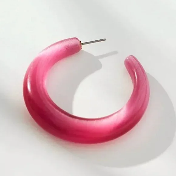 NWT Anthropologie Pink Cat's Eye Stone Pierced Hoop Earrings 1.70" Diameter - Picture 3 of 8